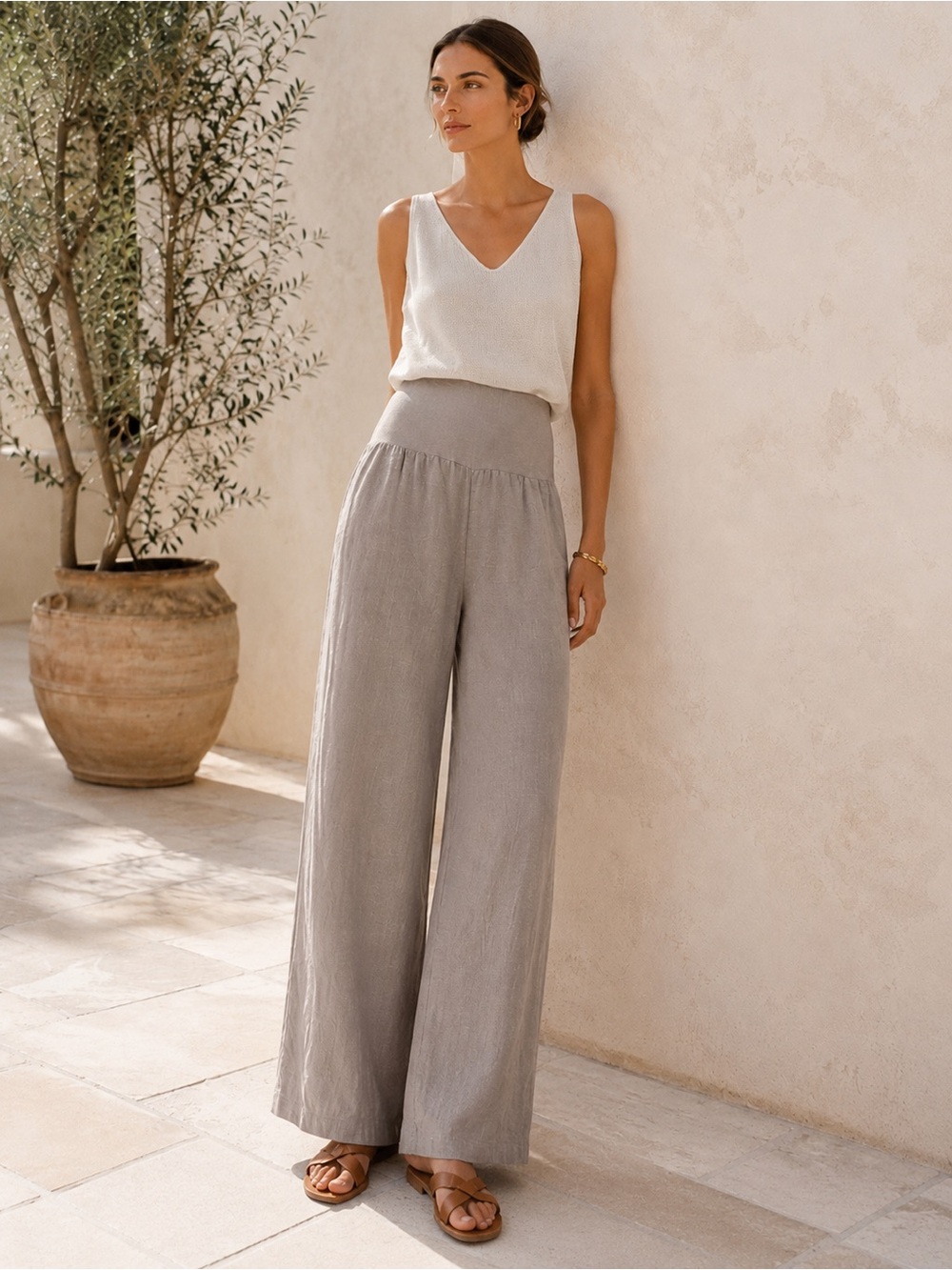 Sundance 100% Linen Wide Leg Pull On Pants Size Small Taupe Made in USA